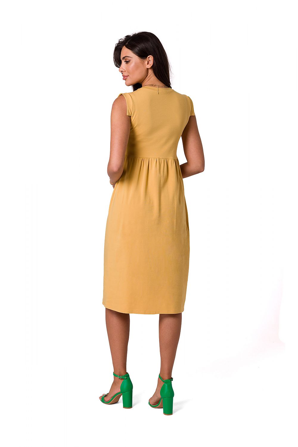 Back view of the chic yellow midi dress by BeWear, showcasing its elegant cut and fashionable details.