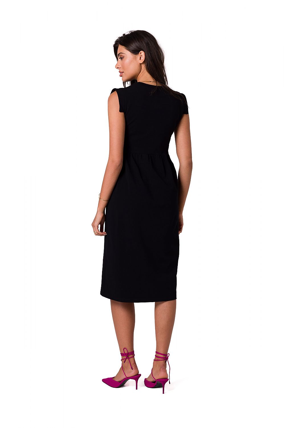 Back view of the elegant midi dress by BeWear, showcasing its flattering silhouette and sleeveless design, complemented by pink strappy heels.