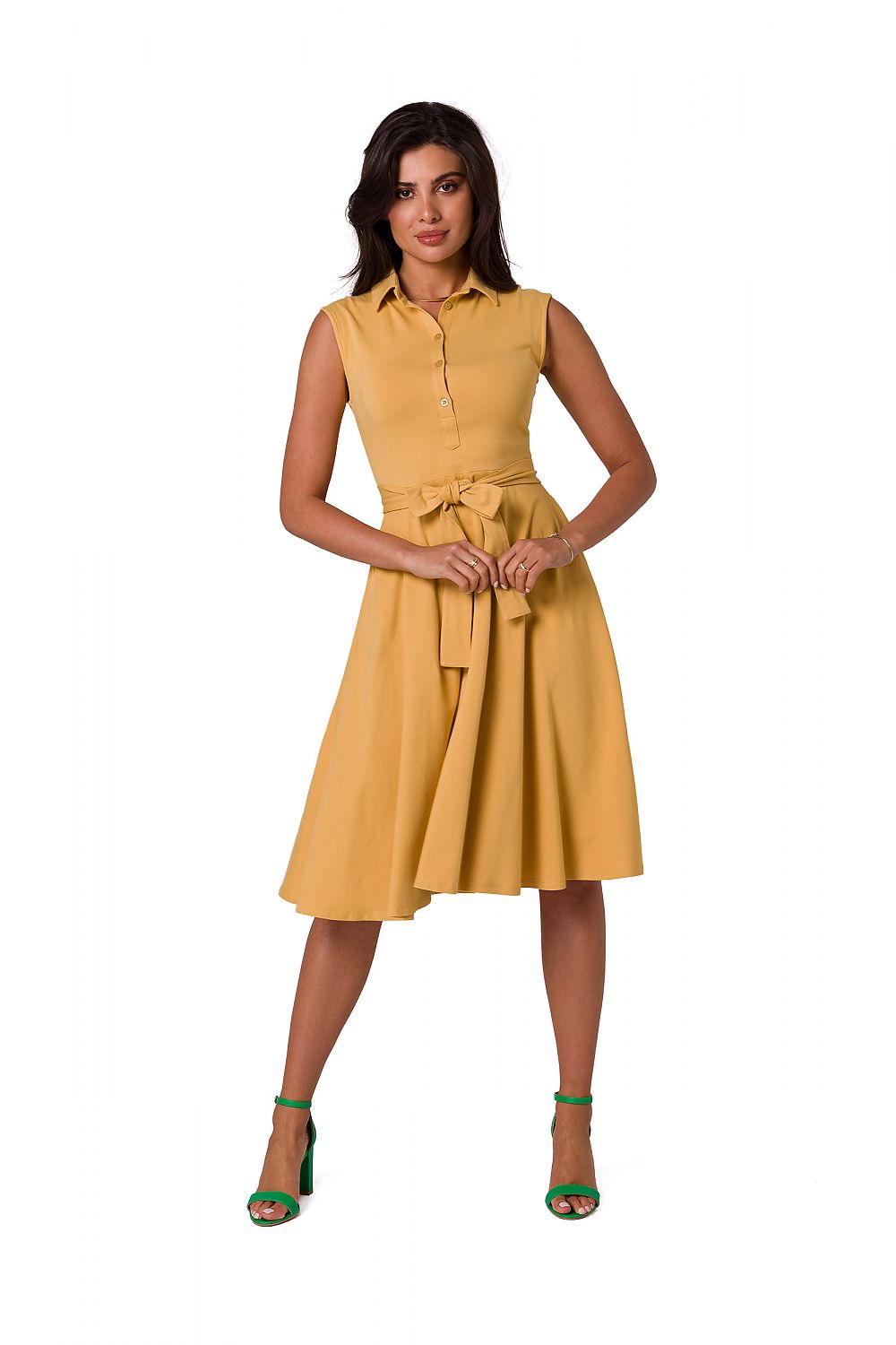 Sophisticated sleeveless daydress with collar and belted waist in charming yellow, perfect for sunny outings, by BeWear.
