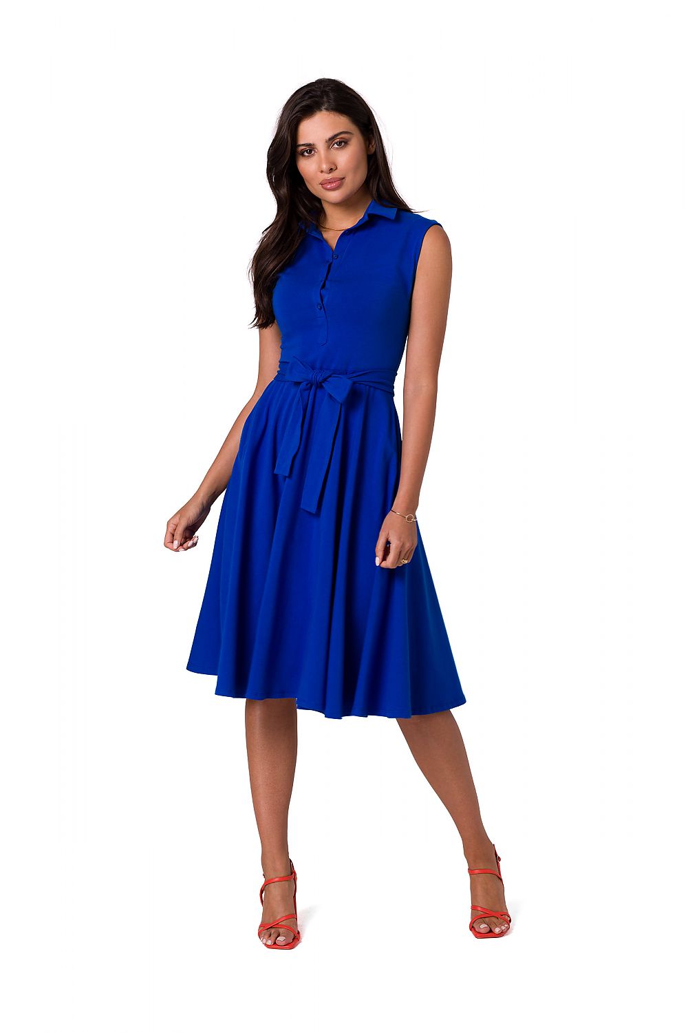 Elegant BeWear sleeveless daydress featuring a collar and flared bottom, designed for warm days, showcased in a vibrant blue colour. Perfect for both professional settings and casual outings.