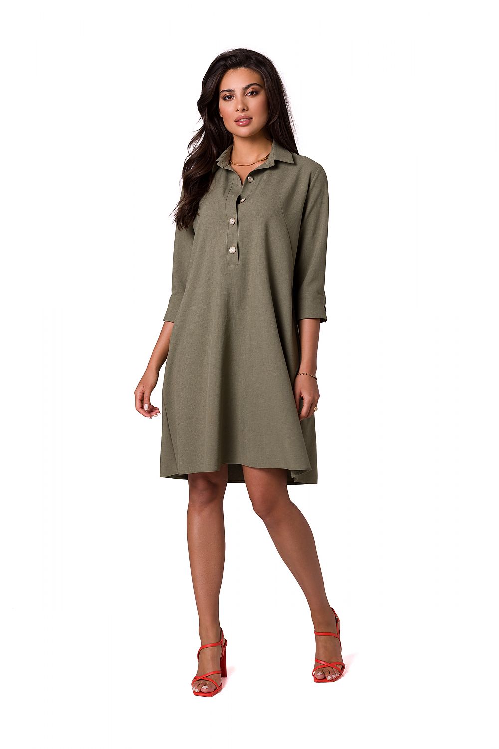 Elegant BeWear shirt dress in olive green with flared neckline and hem, perfect for stylish work and vacation wear.