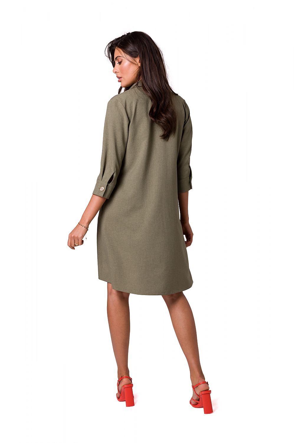 Back view of the sophisticated BeWear shirt dress in olive green, featuring flared design and stylish buttoned sleeves.