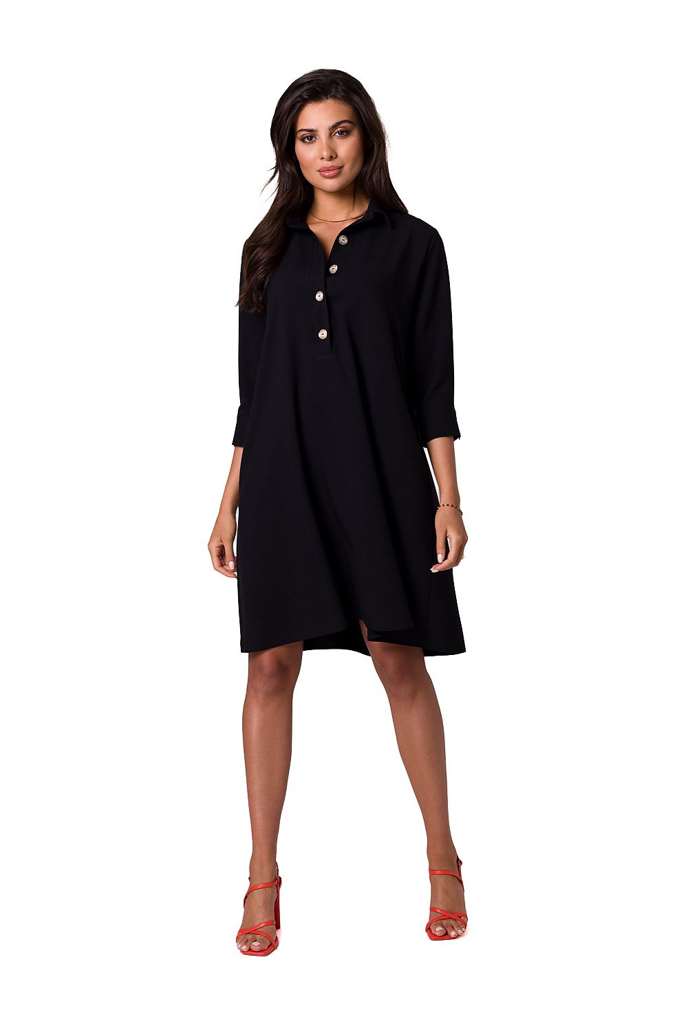 Chic BeWear shirt dress in classic black with flared neckline and hem, designed for elegance at work or leisure.
