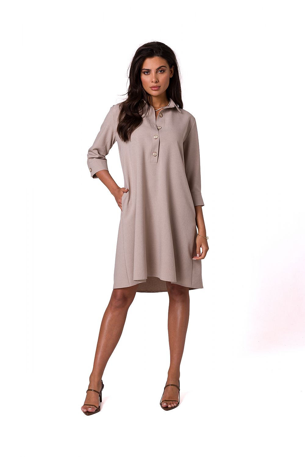 Refined BeWear shirt dress in soft beige, featuring a flared silhouette, perfect for upscale occasions and effortless style.