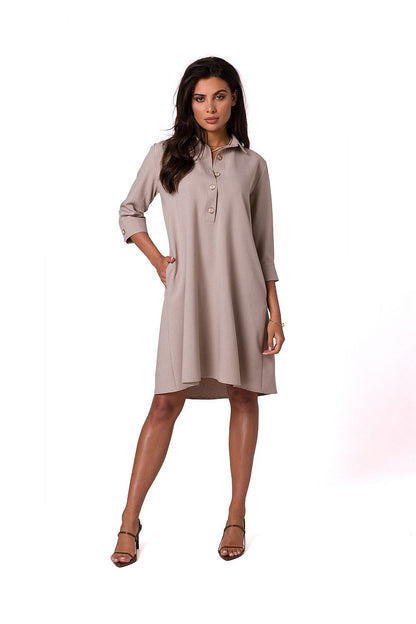 Refined BeWear shirt dress in soft beige, featuring a flared silhouette, perfect for upscale occasions and effortless style.