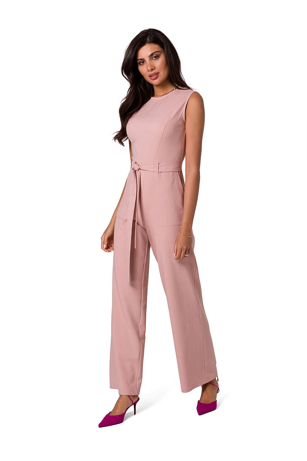 Luxury sleeveless jumpsuit by BeWear showcasing a tie belt and patch pockets, ideal for summer elegance.