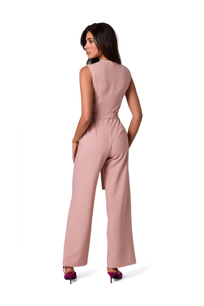 Back view of a luxury sleeveless jumpsuit by BeWear, featuring a flattering fit and stylish tie belt, perfect for warm weather.
