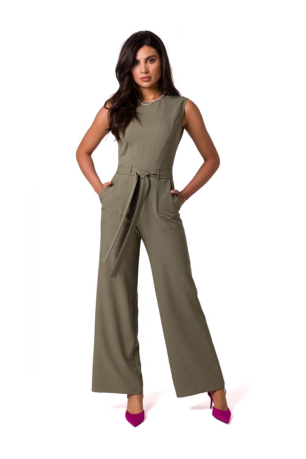 Chic sleeveless jumpsuit by BeWear in olive green, accentuated by a tie belt and patch pockets for a sophisticated summer look.