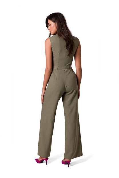 Back view of an elegant olive green sleeveless jumpsuit by BeWear, designed with a tie belt for a refined summer appearance.