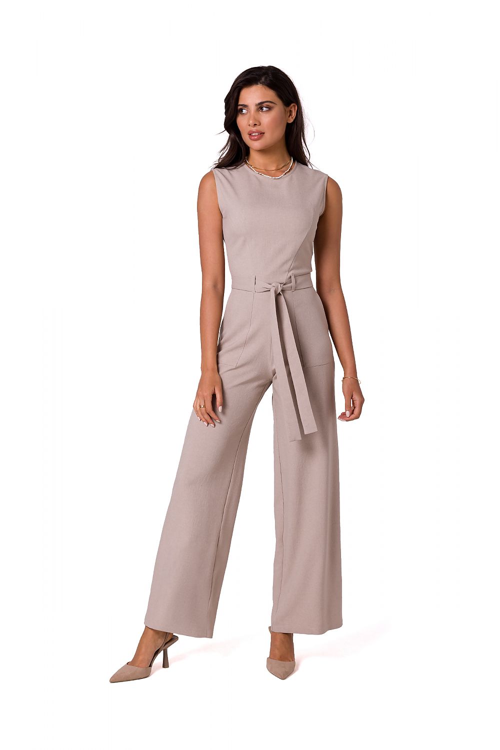 Elegant beige sleeveless jumpsuit with tie belt by BeWear, perfect for summer sophistication and versatility.