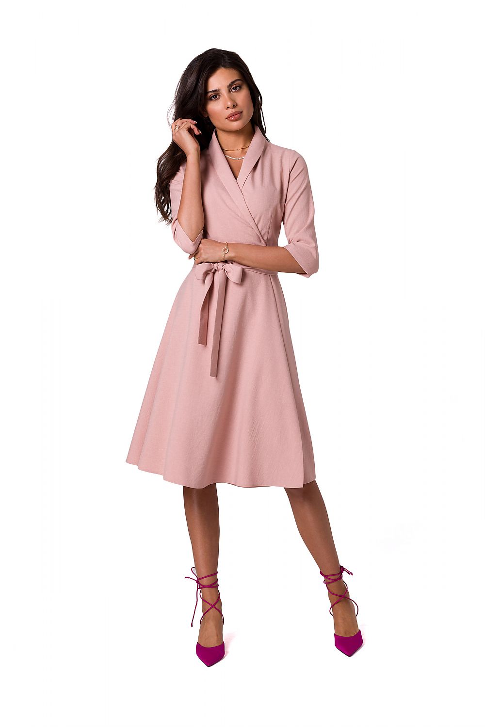 Elegant feminine flared daydress in soft pink by BeWear, featuring a sophisticated shawl collar, waist tie, and a flattering silhouette, perfect for any occasion.