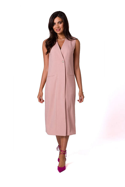 Chic sleeveless daydress in blush pink by BeWear, model wearing a stylish design featuring a button detail, ideal for warm summer days.