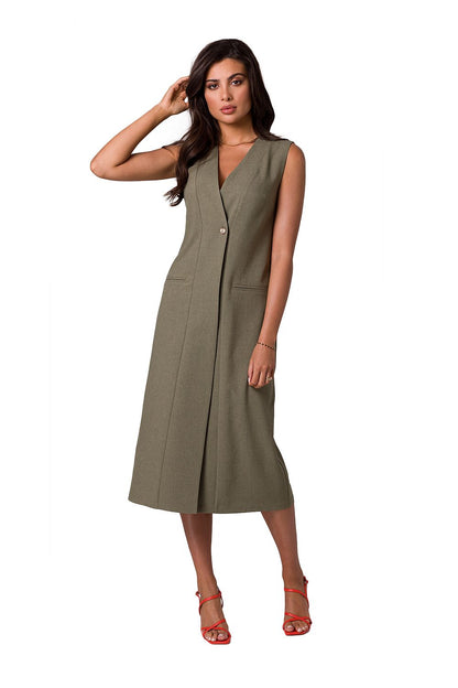 Stylish sleeveless daydress by BeWear in olive green, featuring a modern silhouette with a button fastening, ideal for chic summer outfits.
