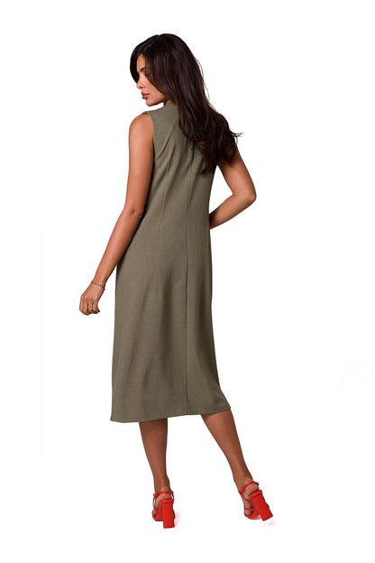 Sophisticated sleeveless daydress by BeWear in olive green, viewed from the back, highlighting its tailored fit and luxurious fabric.