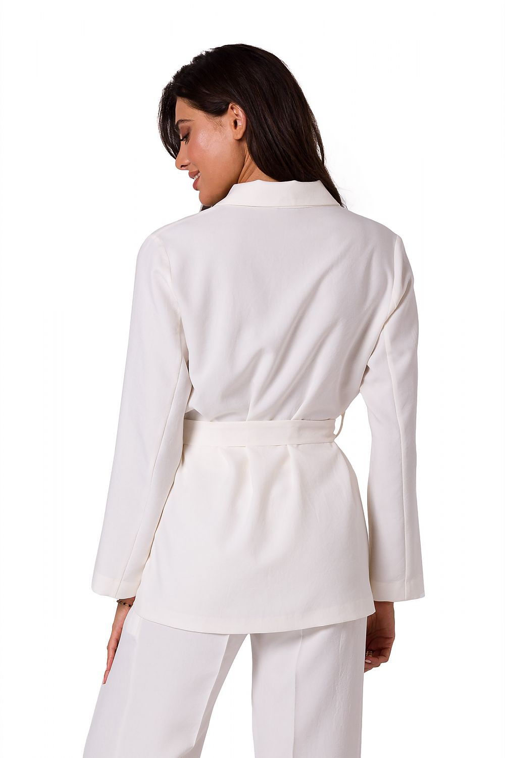 Elegant woman wearing a lightweight unbuttoned summer jacket with a belt from BeWear, showcasing a sophisticated back view in classy white.