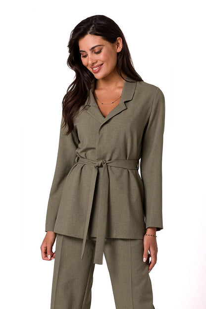 Radiant woman in a chic olive green lightweight unbuttoned summer jacket with a belt by BeWear, presenting a polished and fashionable appearance.
