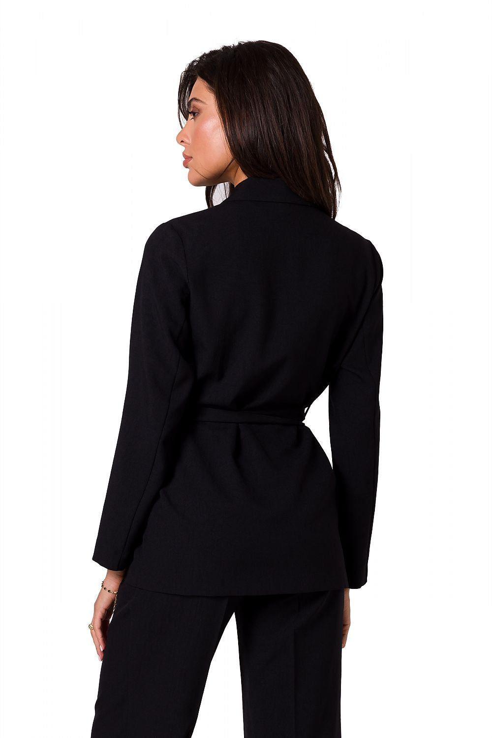 Back view of a model in a black BeWear summer jacket with belt, showcasing the elegance and tailored cut perfect for luxurious summer styling.