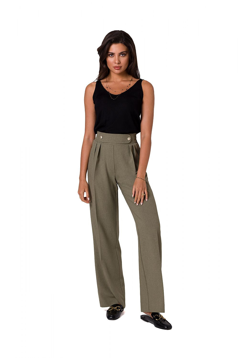 Model featuring olive green elegant lightweight trousers with decorative gold buttons by BeWear, styled with a black tank top for a refined look.