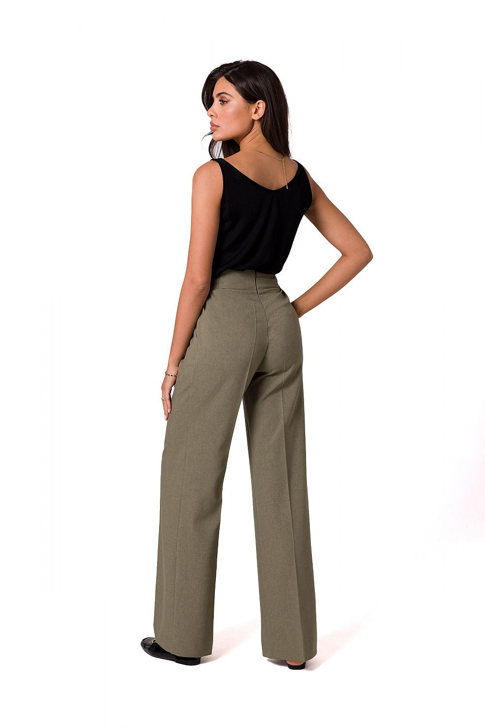 Elegant lightweight trousers by BeWear, styled in a sophisticated olive green colour, featuring decorative gold buttons and a flattering high waist, model seen from the back.