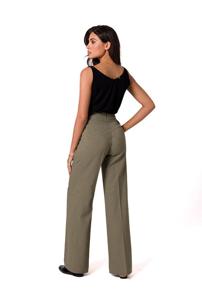 Elegant lightweight trousers by BeWear, styled in a sophisticated olive green colour, featuring decorative gold buttons and a flattering high waist, model seen from the back.