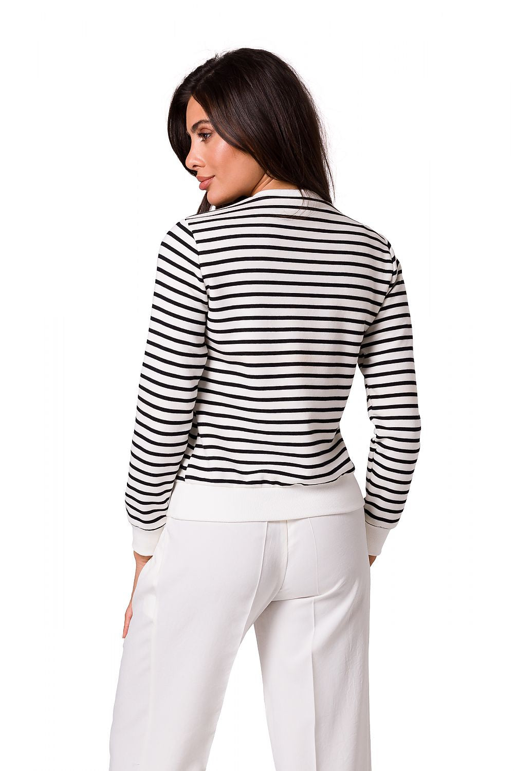 Elegant rear view of a woman wearing a navy striped cotton knit sweatshirt with decorative gold buttons by BeWear, showcasing sporty sophistication.
