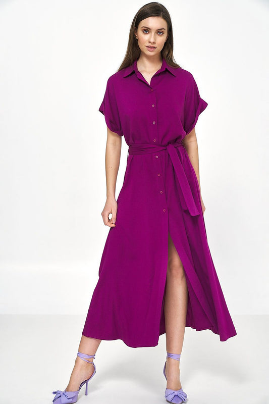 Elegant purple shirt dress from Nife featuring a loose fit, button-up design, and a stylish belted waist, perfect for warm days.