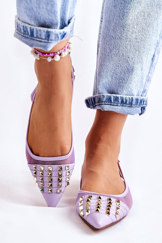 Stylish open heel ballet flats with studded details in lilac, showcased by a model wearing casual jeans, highlighting comfort and luxury from Step in Style.