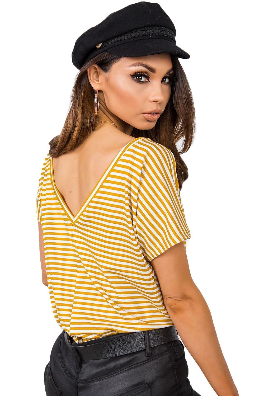 Elegant back view of a mustard striped round neck t-shirt by Rue Paris, showcasing its stylish cut with chic black trousers.
