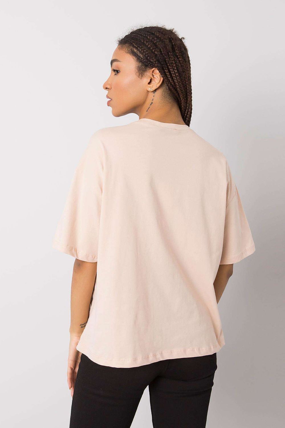 Back view of a luxurious loose-fit women's t-shirt by Rue Paris, showcasing its soft cotton fabric and relaxed silhouette with short sleeves.