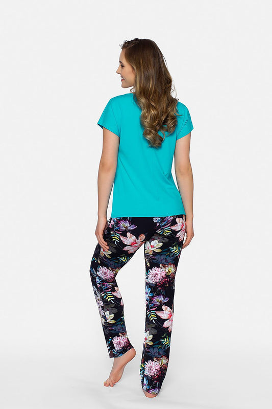 Elegant rear view of the Babella Women's Flora Viscose Pajamas Set showcasing a stylish turquoise top paired with stunning floral print trousers, perfect for sophisticated nightwear.