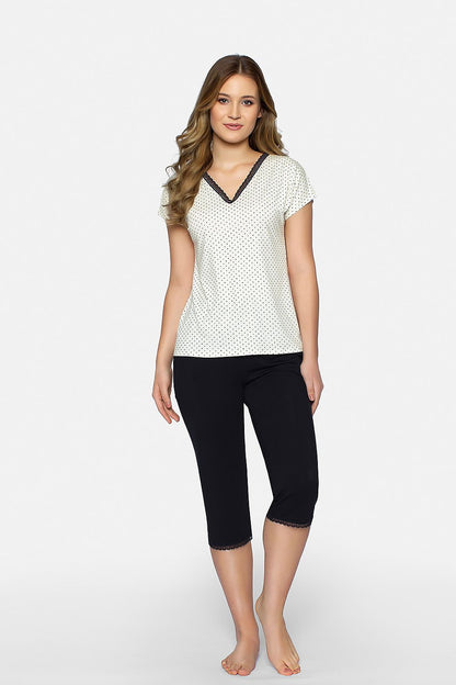 Luxurious Cleo women's pajama set by Babella featuring a pastel viscose blouse adorned with elegant lace and sophisticated black 3/4 pants, ideal for stylish comfort.