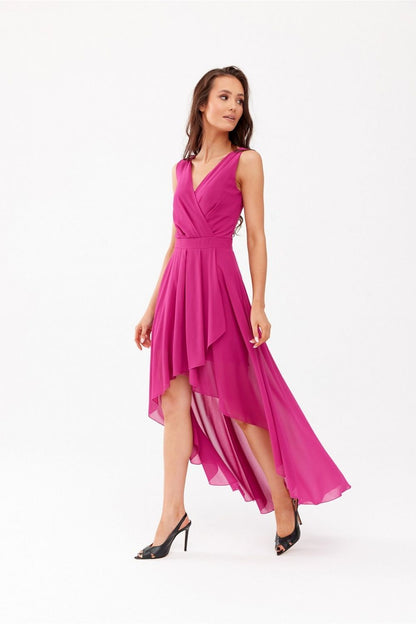 Elegant pink asymmetrical evening dress with envelope neckline from Roco Fashion, designed in lightweight chiffon, ideal for formal occasions.