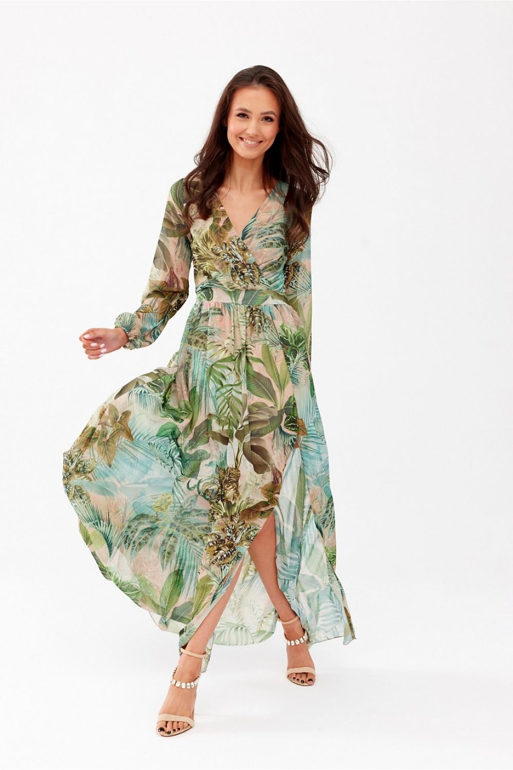 Chic maxi daydress by Roco Fashion with vibrant floral design and flowing cut, displayed in a bright studio, ideal for weddings and formal events.