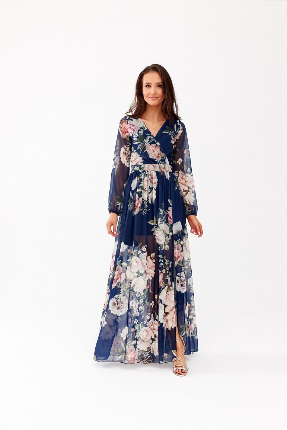 Elegant floral design maxi daydress by Roco Fashion featuring a tapered waist, back cutout, and a stylish slit, perfect for sophisticated wedding attire.