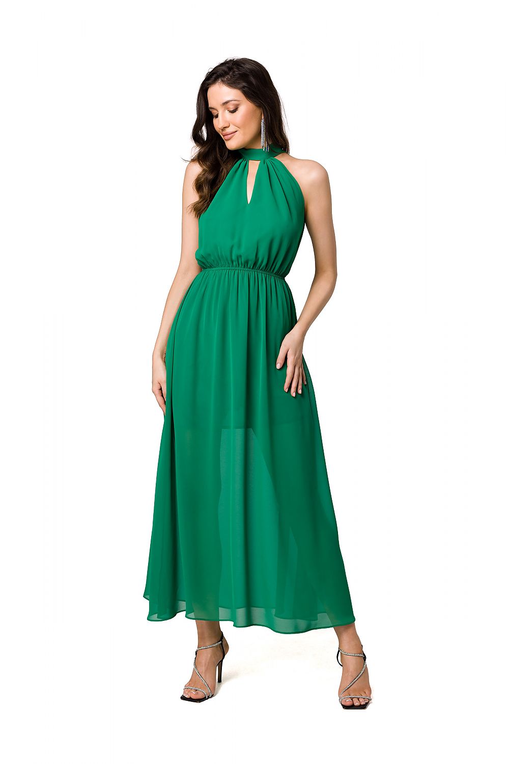 Elegant green chiffon midi cocktail dress with halter neckline and tie belt by Makover, showcasing a model in a sophisticated pose.