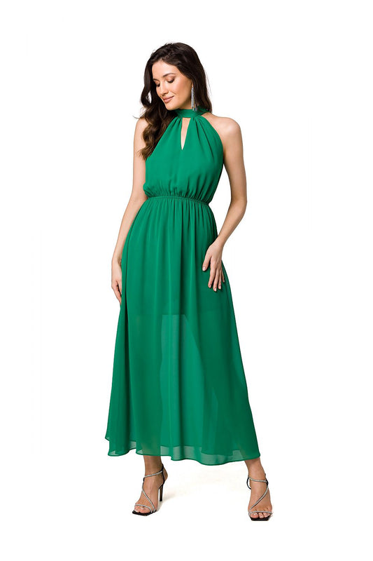 Elegant green chiffon midi cocktail dress with halter neckline and tie belt by Makover, showcasing a model in a sophisticated pose.