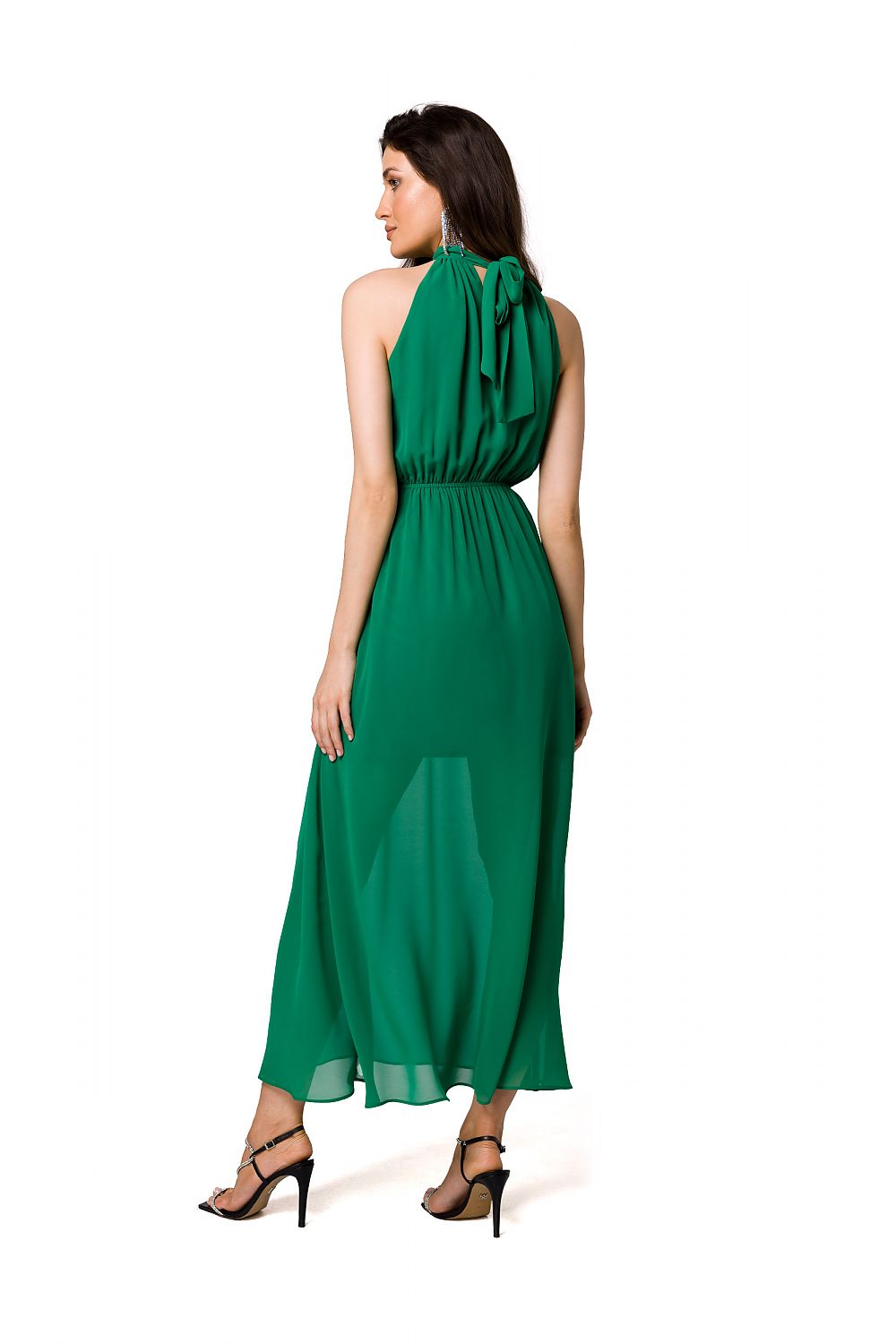 Back view of an elegant green chiffon midi cocktail dress with halter neckline and tie belt by Makover, highlighting the stylish design and flowing fabric.