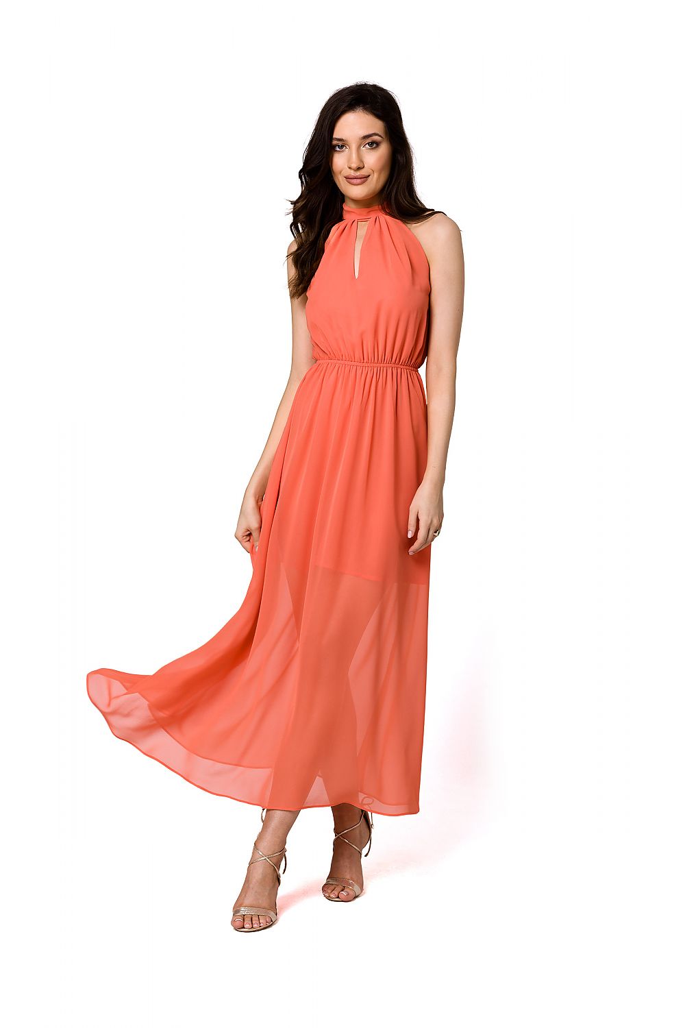 Sophisticated coral chiffon midi cocktail dress with halter neckline and tie belt, showcasing elegance and style by Makover.