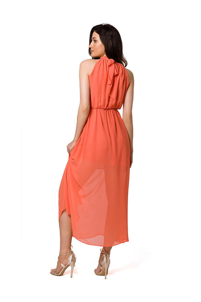 Elegant view of the back of a coral chiffon midi dress with a halter neckline and tie detail, designed by Makover.