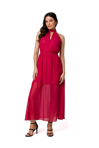 Chic fuchsia chiffon midi cocktail dress featuring a halter neckline and tie belt, exuding luxury by Makover.