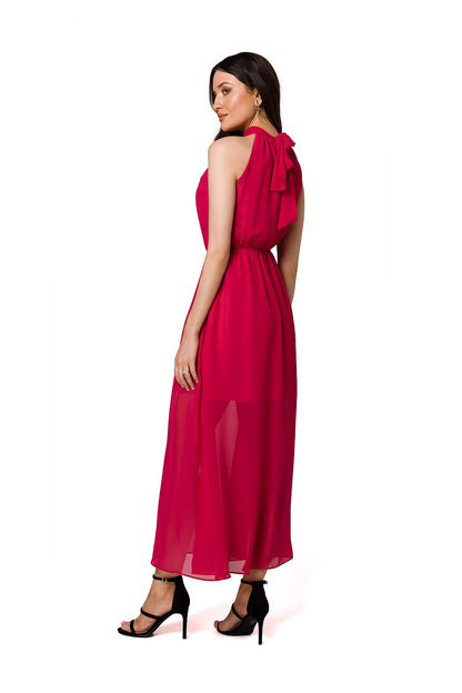 Stylish back view of a fuchsia chiffon dress showcasing the halter neckline and tie detail, designed by Makover.