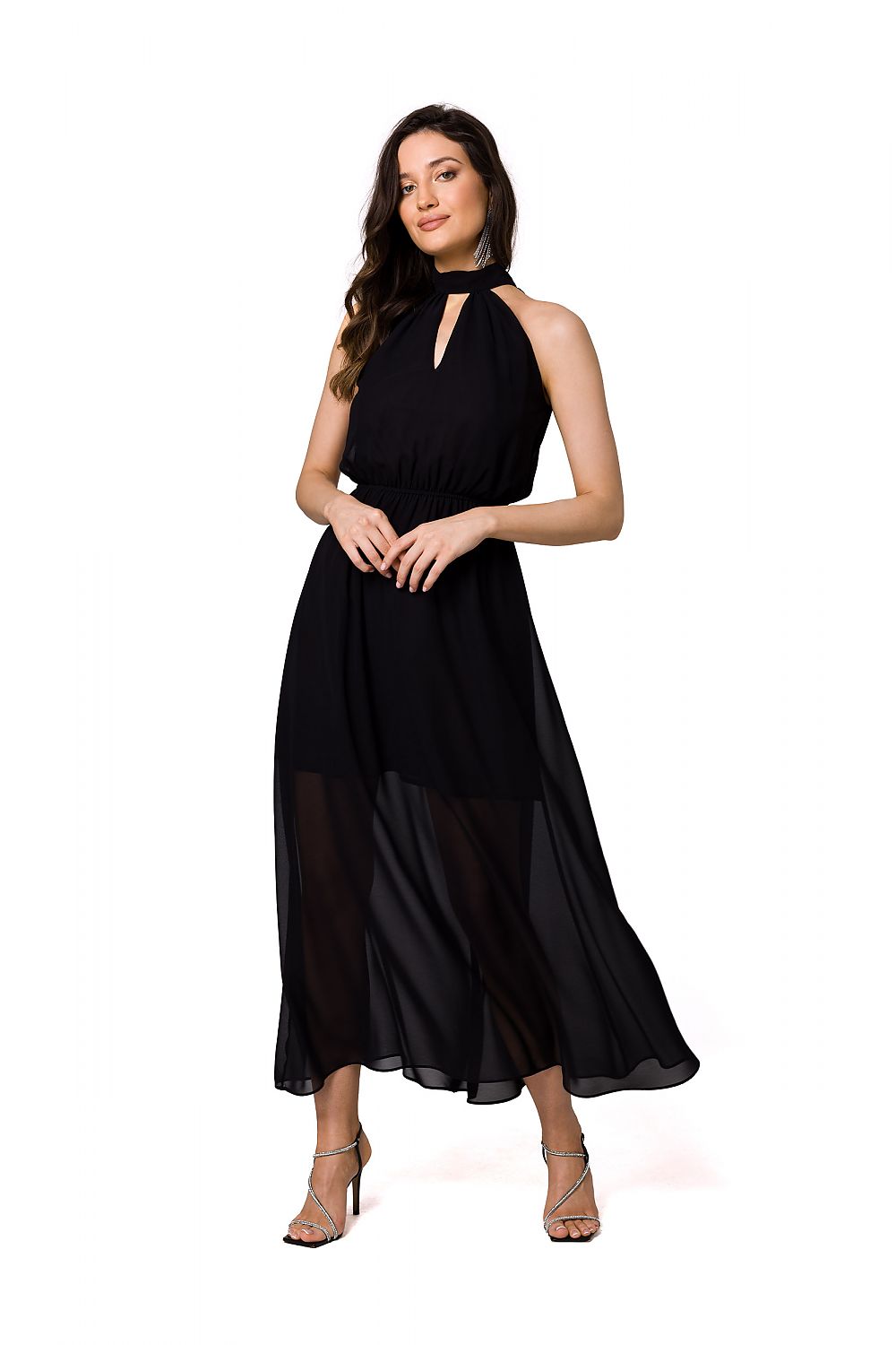 Classic black chiffon midi cocktail dress with a halter neckline and elegant tie belt, embodying sophisticated luxury by Makover.