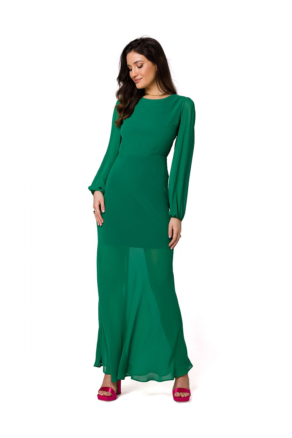 Elegant green chiffon evening maxi dress by Makover, featuring long sleeves and a flowing design, perfect for special occasions.