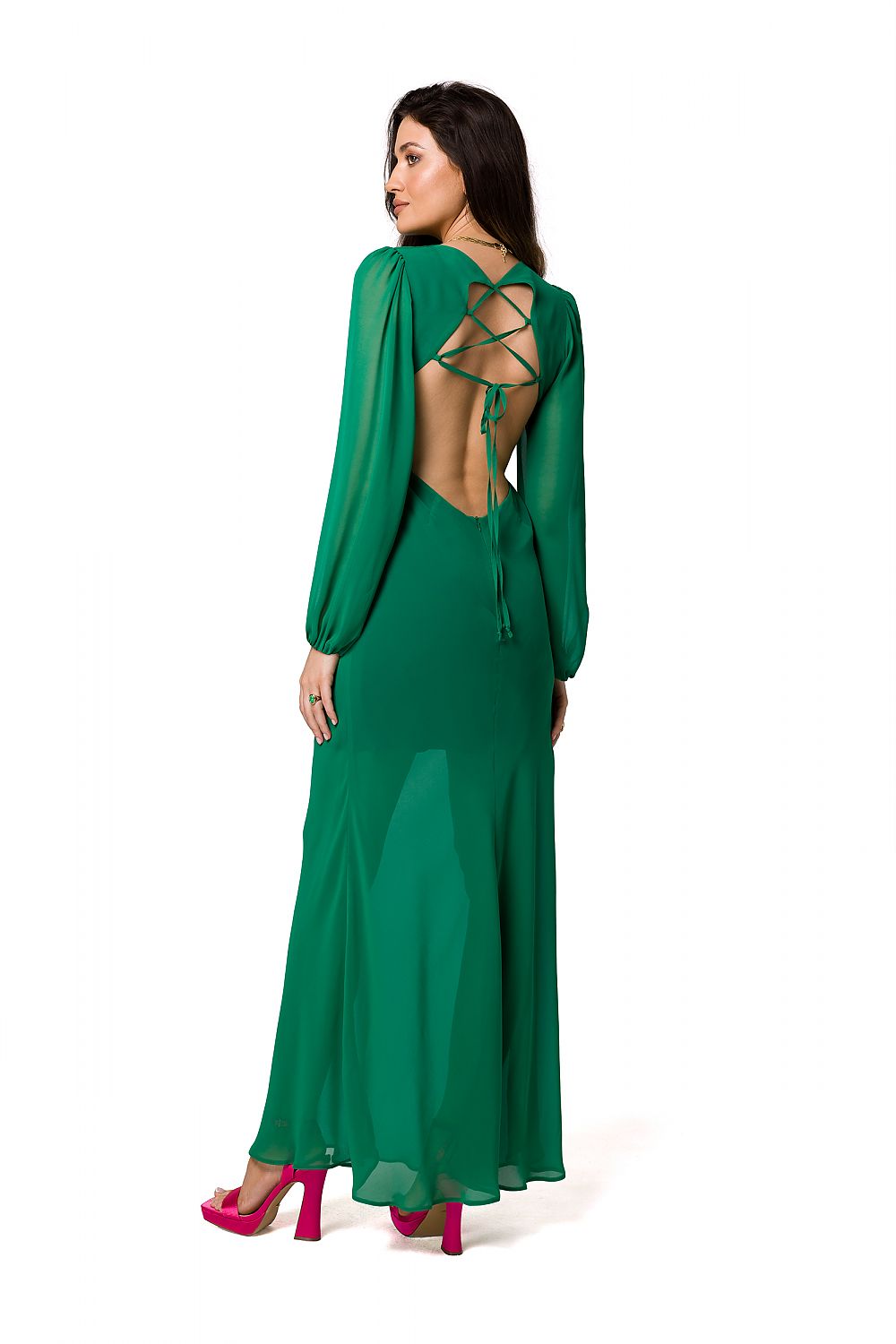 Stylish back view of green chiffon evening maxi dress by Makover, showcasing a sexy open back with lace-up detailing.