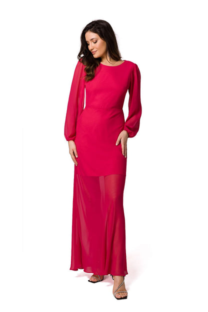 Chic red chiffon evening maxi dress by Makover, highlighting a sophisticated design with long sleeves and a dramatic silhouette.