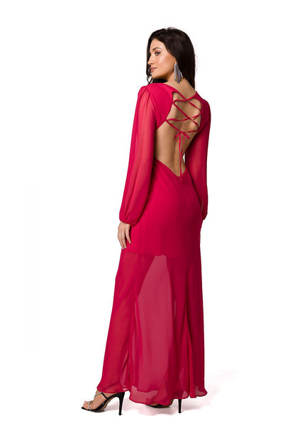 Stunning back view of red chiffon evening maxi dress by Makover, featuring an eye-catching open back with lacing for a modern touch.
