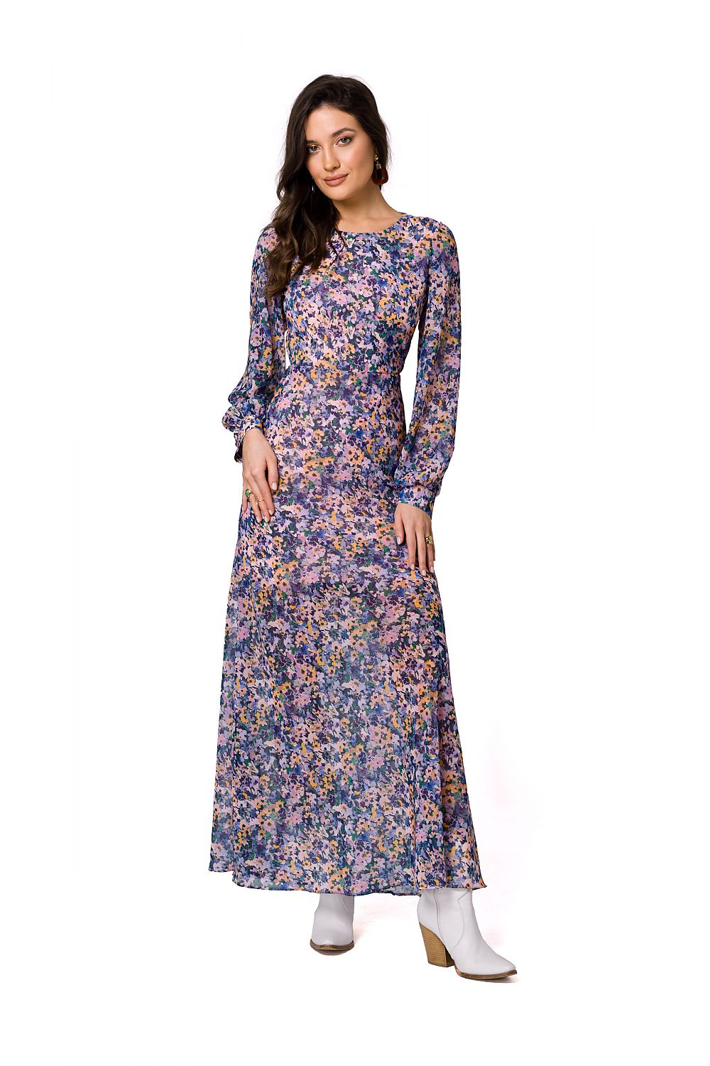 Gorgeous floral print chiffon evening maxi dress by Makover, elegantly styled with long sleeves, perfect for a special occasion.