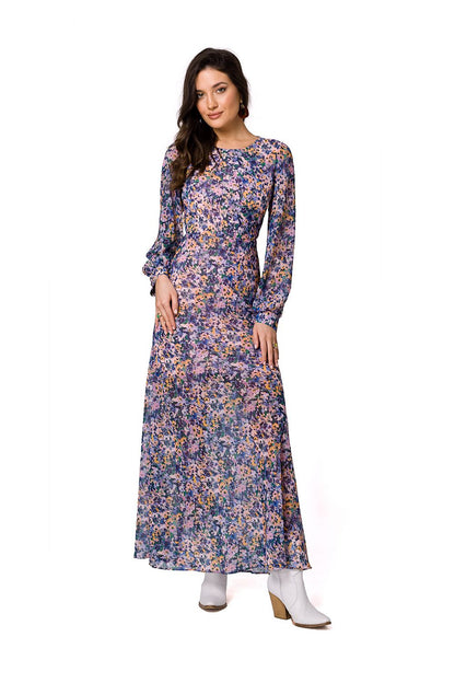 Gorgeous floral print chiffon evening maxi dress by Makover, elegantly styled with long sleeves, perfect for a special occasion.