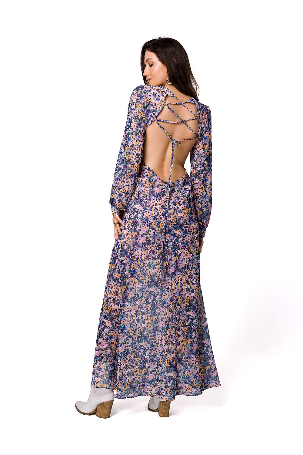 Beautiful floral back view of a chiffon maxi dress by Makover, featuring an alluring open back design with intricate straps.