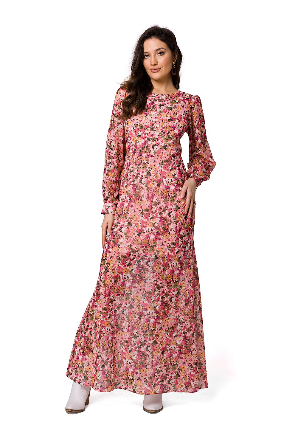 Chic pink floral chiffon evening maxi dress by Makover, highlighted on a graceful model, ideal for glamorous events.